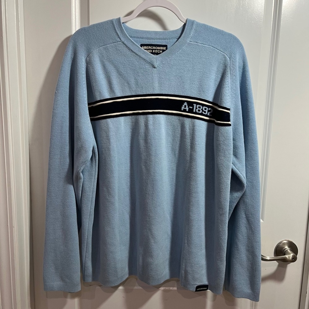 Abercrombie and Fitch Mens XL Blue V-Neck Sweater A-1892 Stripe Vintage Style